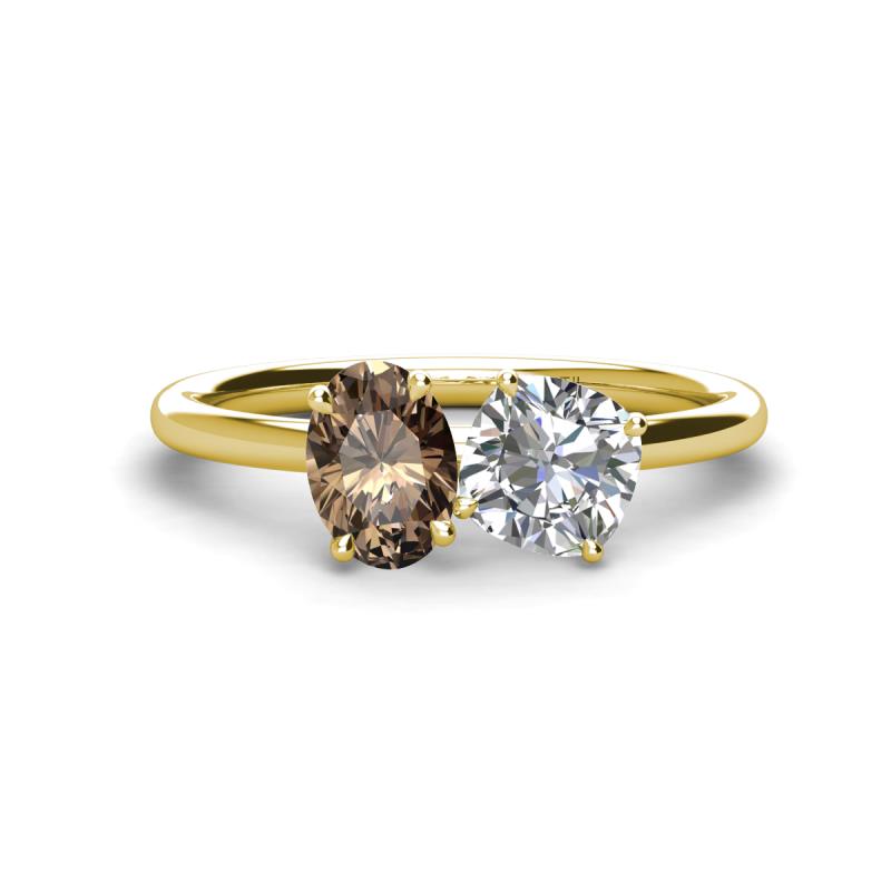 Tanya Oval Shape Smoky Quartz & Cushion Shape GIA Certified Diamond 2 Stone Duo Ring 