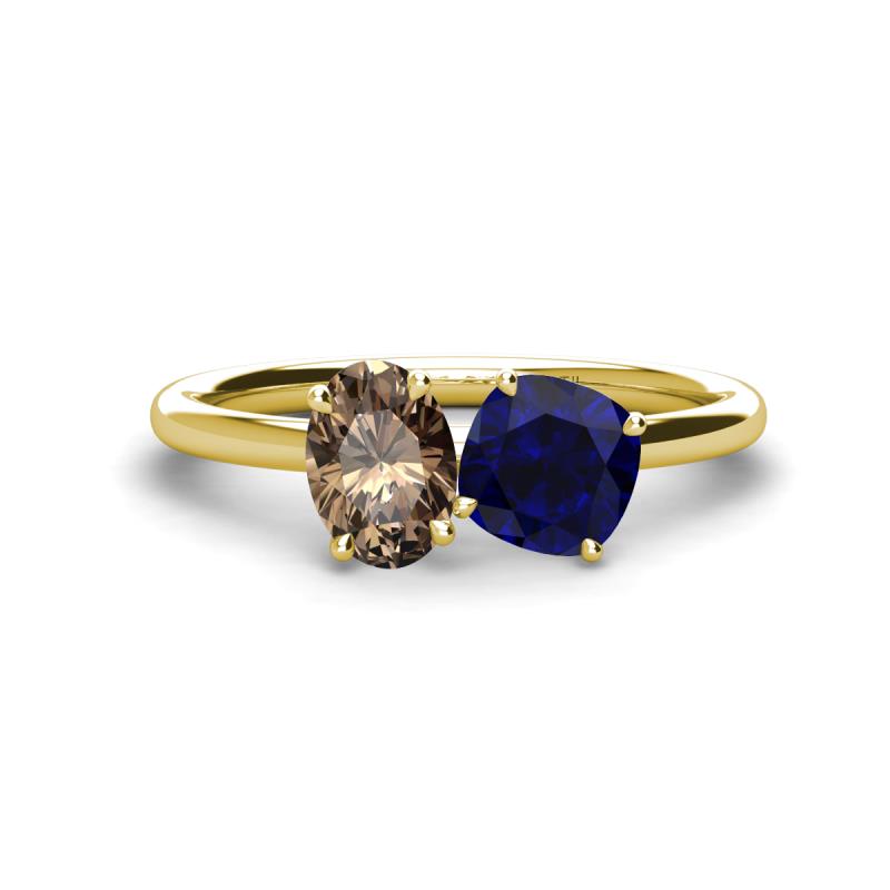 Tanya Oval Shape Smoky Quartz & Cushion Shape Blue Sapphire 2 Stone Duo Ring 