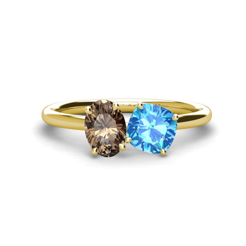 Tanya Oval Shape Smoky Quartz & Cushion Shape Blue Topaz 2 Stone Duo Ring 