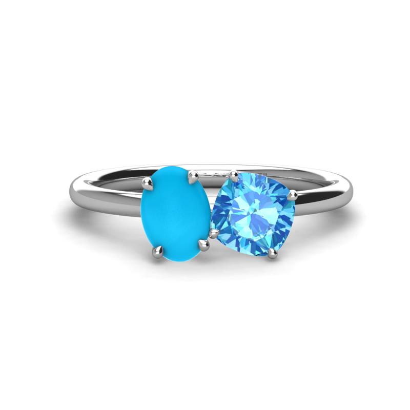 Tanya Oval Shape Turquoise & Cushion Shape Blue Topaz 2 Stone Duo Ring 