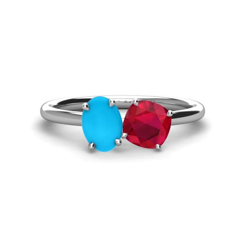 Tanya Oval Shape Turquoise & Cushion Shape Ruby 2 Stone Duo Ring 