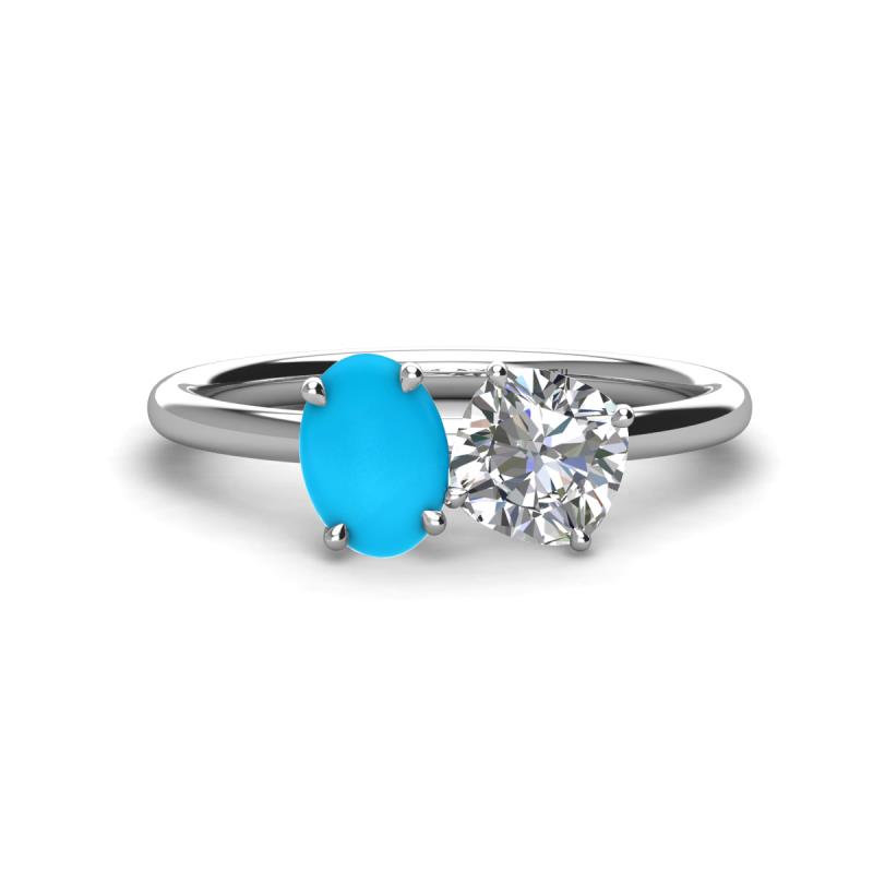 Tanya Oval Shape Turquoise & Cushion Shape Forever Brilliant Moissanite 2 Stone Duo Ring 