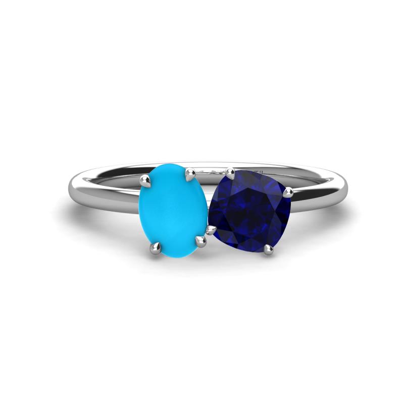Tanya Oval Shape Turquoise & Cushion Shape Blue Sapphire 2 Stone Duo Ring 