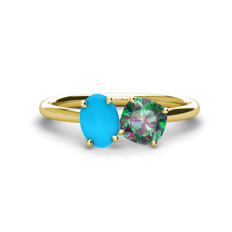 Tanya Oval Shape Turquoise & Cushion Shape Lab Created Alexandrite 2 Stone Duo Ring 