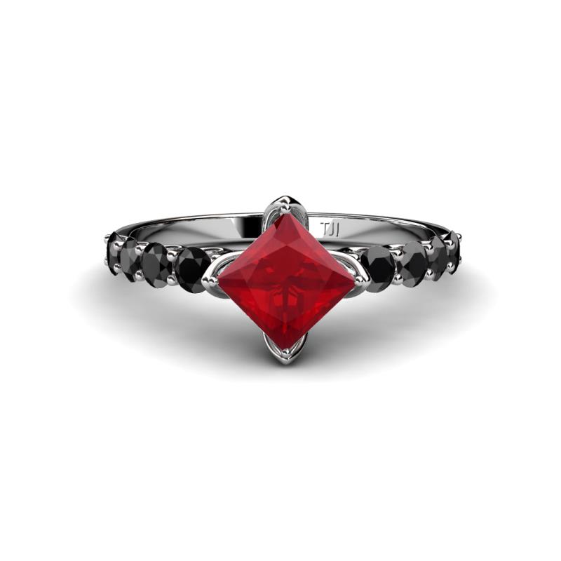 Alicia Princess Cut Lab Created Ruby and Black Diamond Engagement Ring 