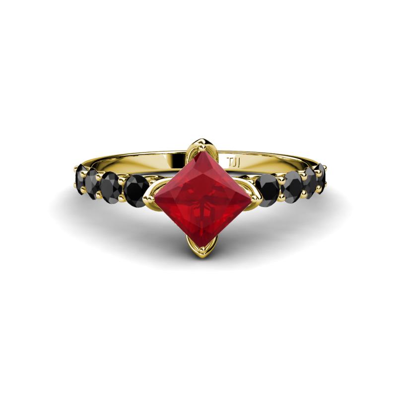 Alicia Princess Cut Lab Created Ruby and Black Diamond Engagement Ring 