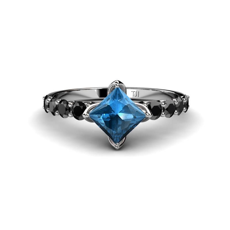 Alicia Princess Cut Blue Topaz and Black Diamond Engagement Ring 