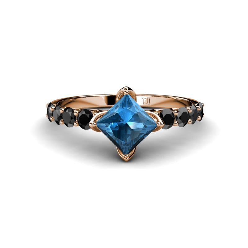 Alicia Princess Cut Blue Topaz and Black Diamond Engagement Ring 