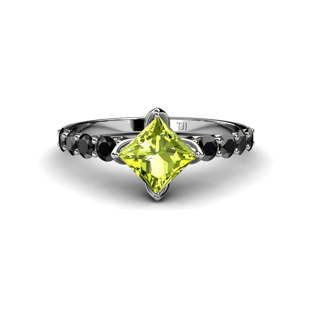 Alicia Princess Cut Peridot and Black Diamond Engagement Ring 