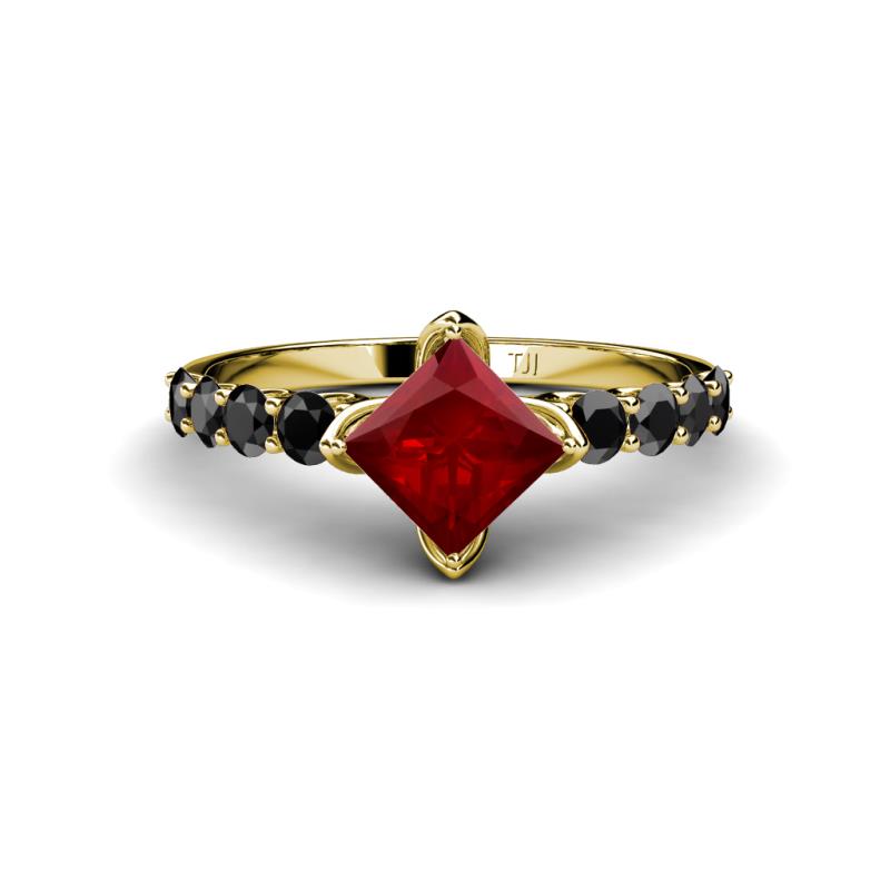 Alicia Princess Cut Red Garnet and Black Diamond Engagement Ring 