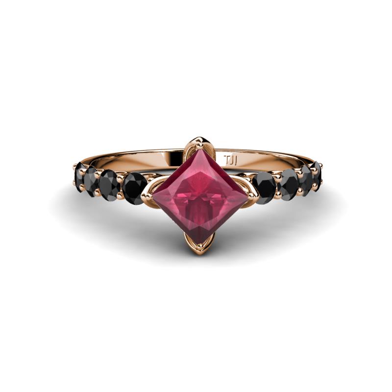 Alicia Princess Cut Rhodolite Garnet and Black Diamond Engagement Ring 