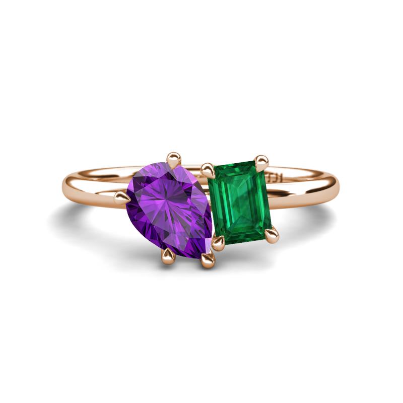 Nadya Pear Shape Amethyst & Emerald Shape Emerald 2 Stone Duo Ring 