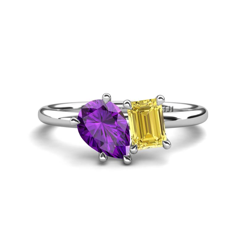 Nadya Pear Shape Amethyst & Emerald Shape Yellow Sapphire 2 Stone Duo Ring 