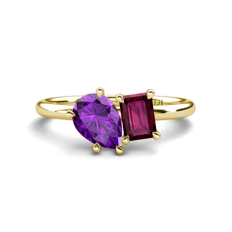 Nadya Pear Shape Amethyst & Emerald Shape Rhodolite Garnet 2 Stone Duo Ring 