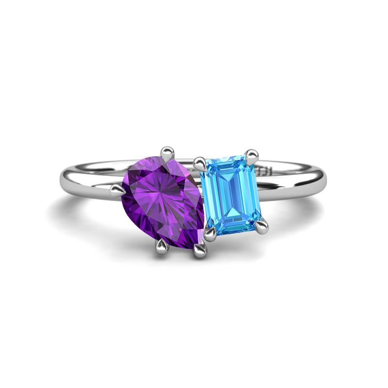 Nadya Pear Shape Amethyst & Emerald Shape Blue Topaz 2 Stone Duo Ring 