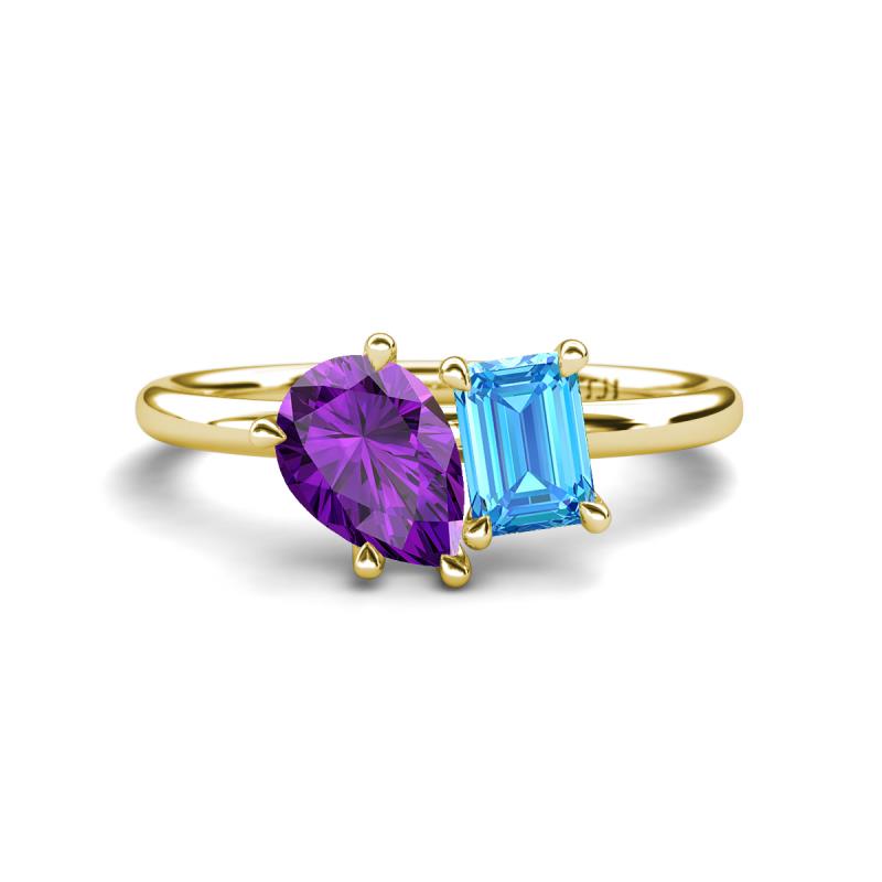 Nadya Pear Shape Amethyst & Emerald Shape Blue Topaz 2 Stone Duo Ring 