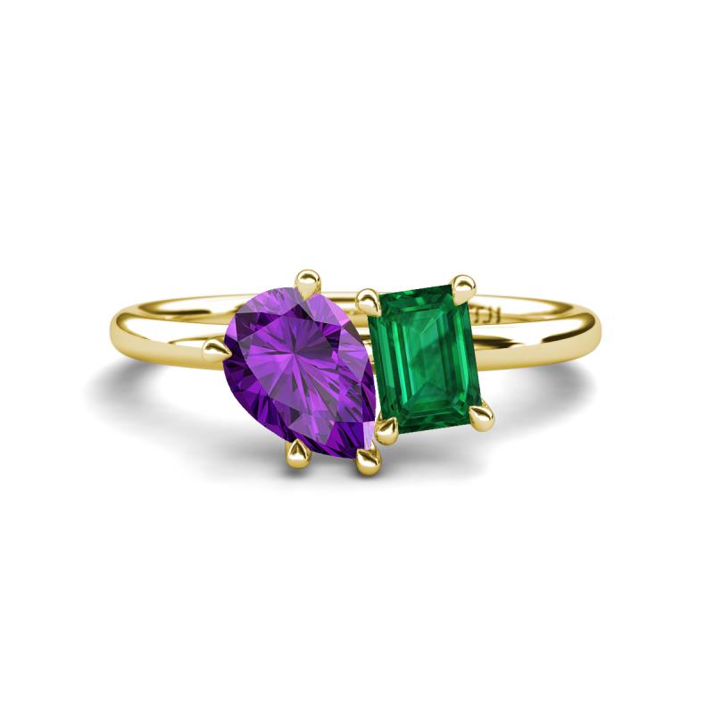 Nadya Pear Shape Amethyst & Emerald Shape Emerald 2 Stone Duo Ring 