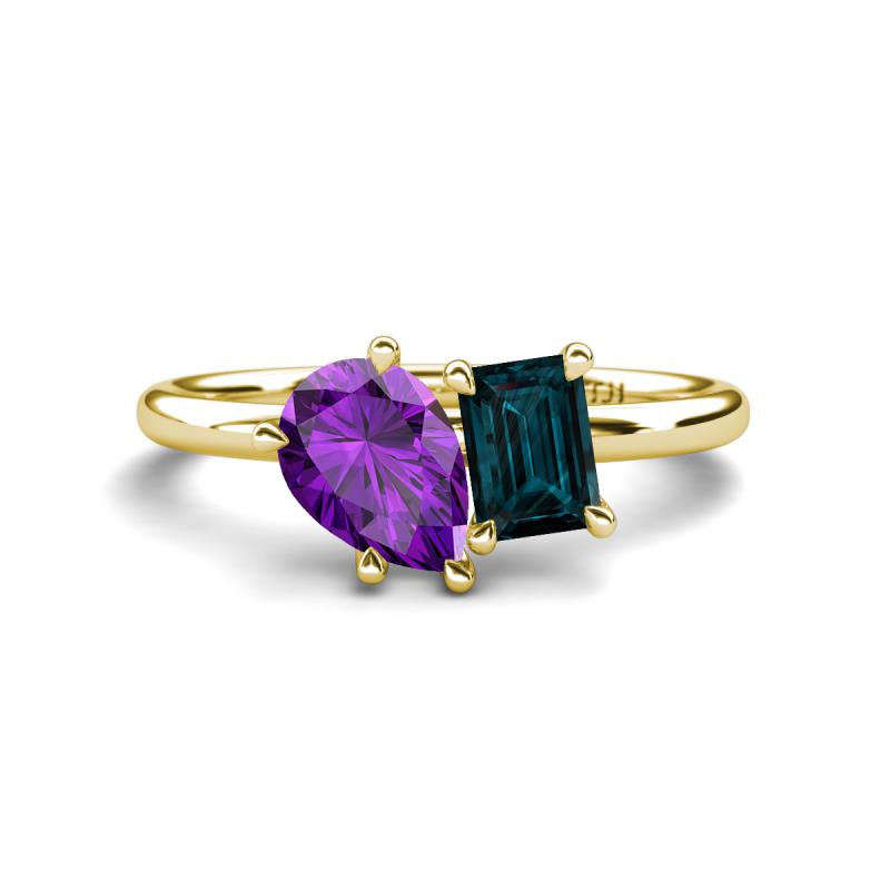 Nadya Pear Shape Amethyst & Emerald Shape London Blue Topaz 2 Stone Duo Ring 