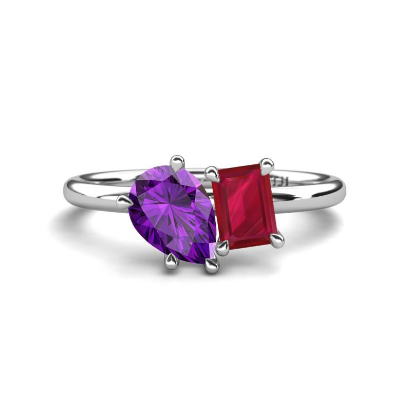 Nadya Pear Shape Amethyst & Emerald Shape Ruby 2 Stone Duo Ring 