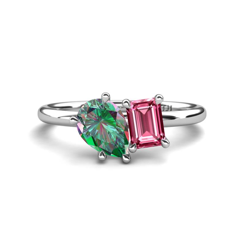 Nadya Pear Shape Lab Created Alexandrite & Emerald Shape Pink Tourmaline 2 Stone Duo Ring 
