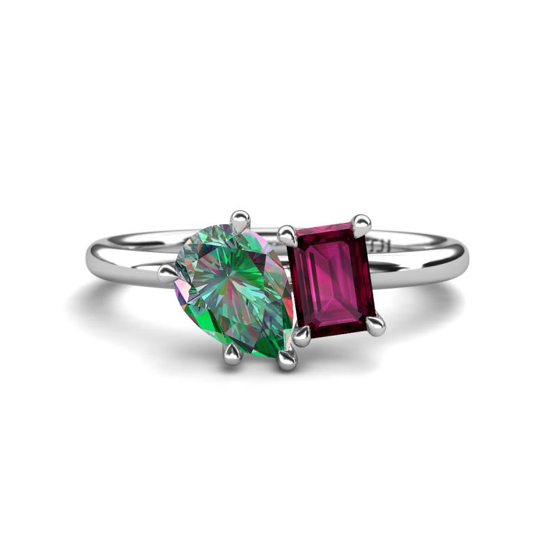 Nadya Pear Shape Lab Created Alexandrite & Emerald Shape Rhodolite Garnet 2 Stone Duo Ring 