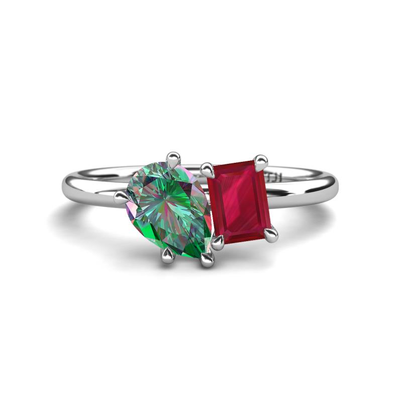 Nadya Pear Shape Lab Created Alexandrite & Emerald Shape Ruby 2 Stone Duo Ring 