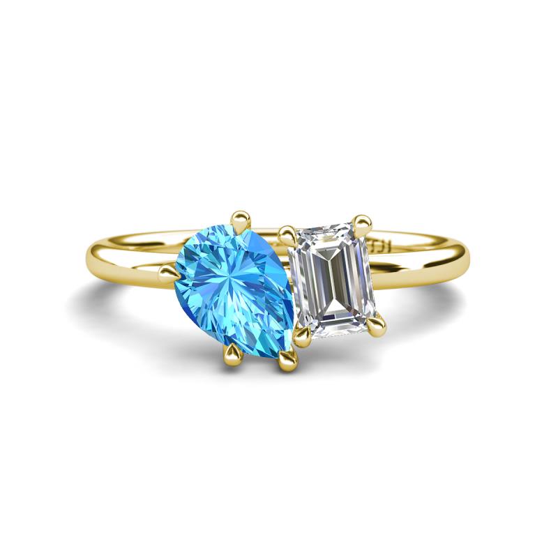 Nadya Pear Shape Blue Topaz & Emerald Shape GIA Certified Diamond 2 Stone Duo Ring 