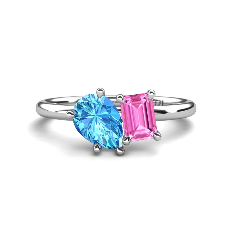 Nadya Pear Shape Blue Topaz & Emerald Shape Pink Sapphire 2 Stone Duo Ring 