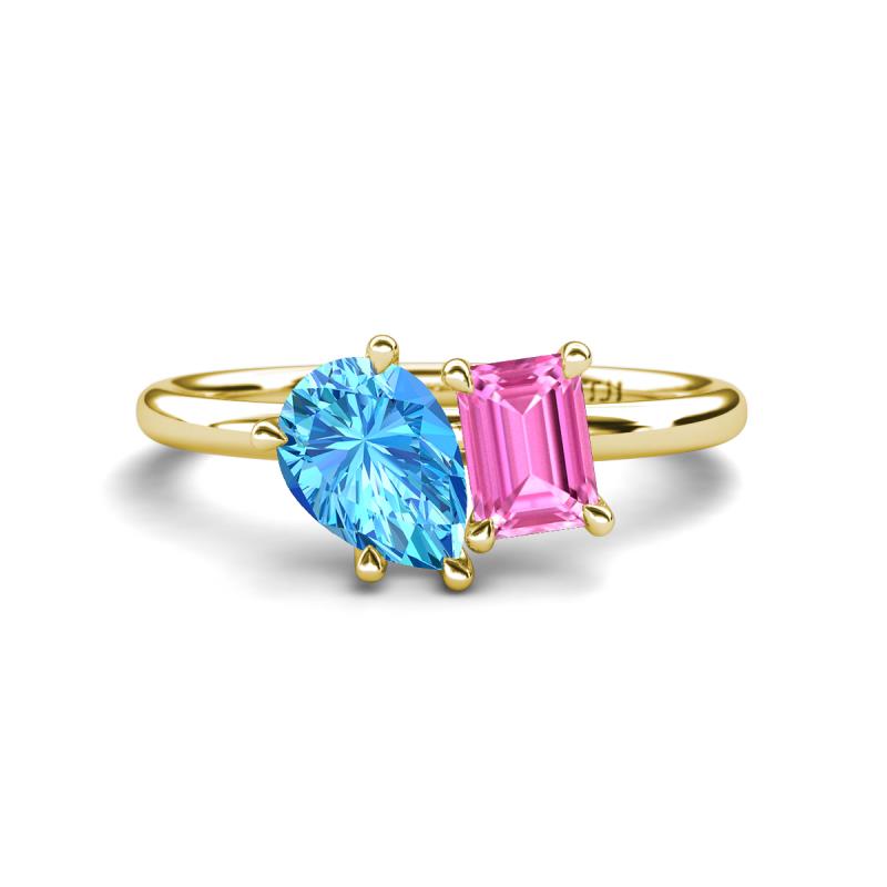 Nadya Pear Shape Blue Topaz & Emerald Shape Pink Sapphire 2 Stone Duo Ring 