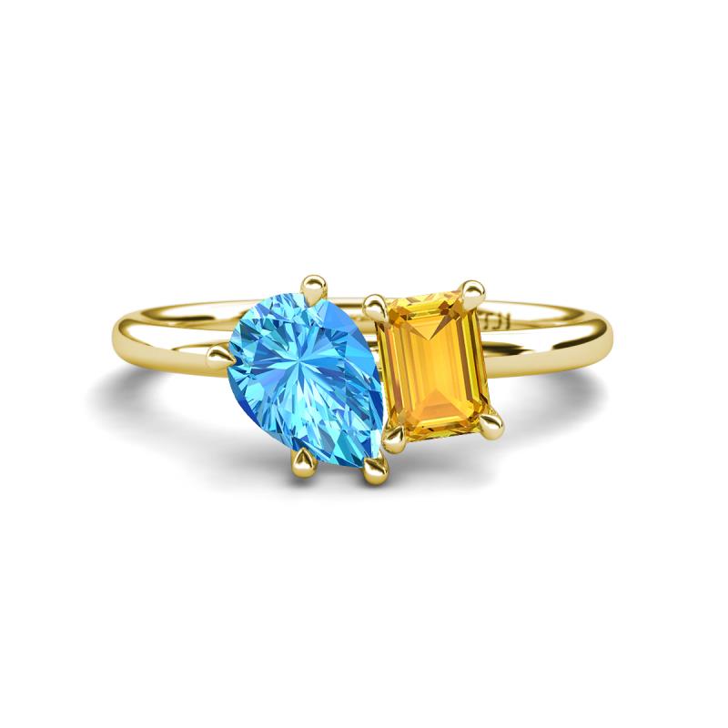 Nadya Pear Shape Blue Topaz & Emerald Shape Citrine 2 Stone Duo Ring 