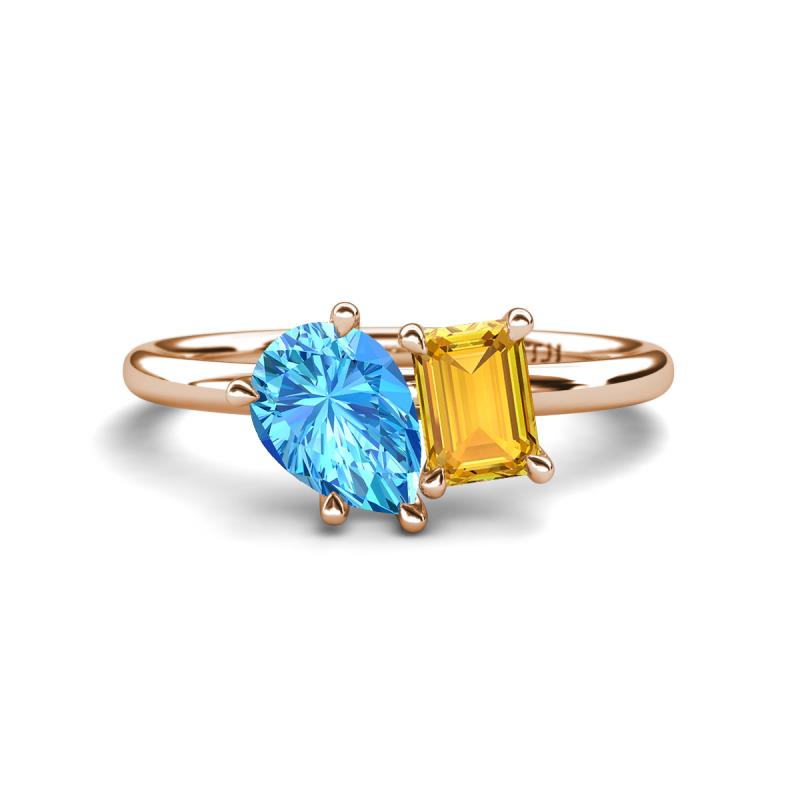 Nadya Pear Shape Blue Topaz & Emerald Shape Citrine 2 Stone Duo Ring 