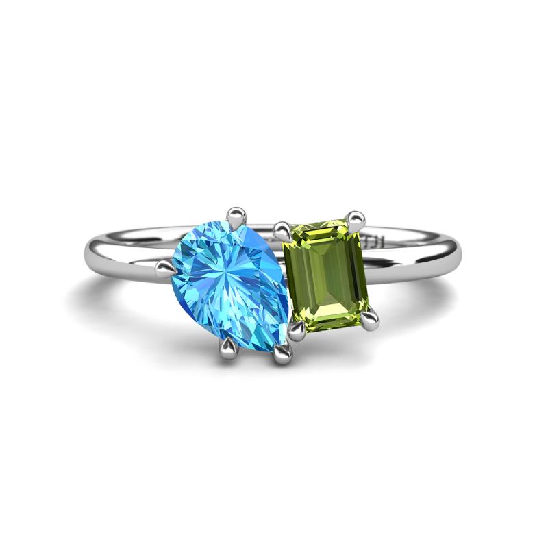 Nadya Pear Shape Blue Topaz & Emerald Shape Peridot 2 Stone Duo Ring 
