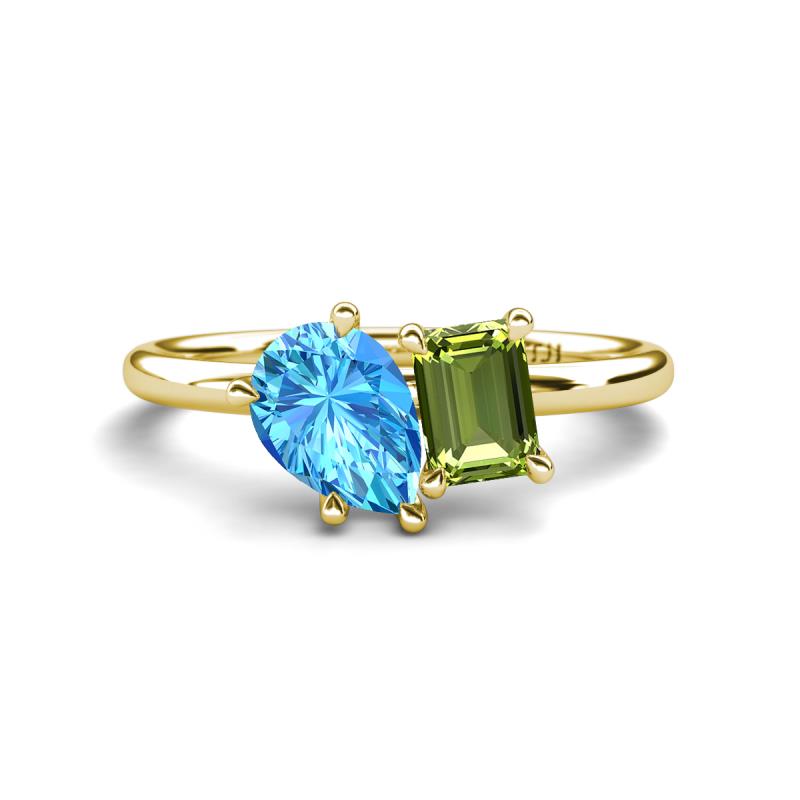 Nadya Pear Shape Blue Topaz & Emerald Shape Peridot 2 Stone Duo Ring 