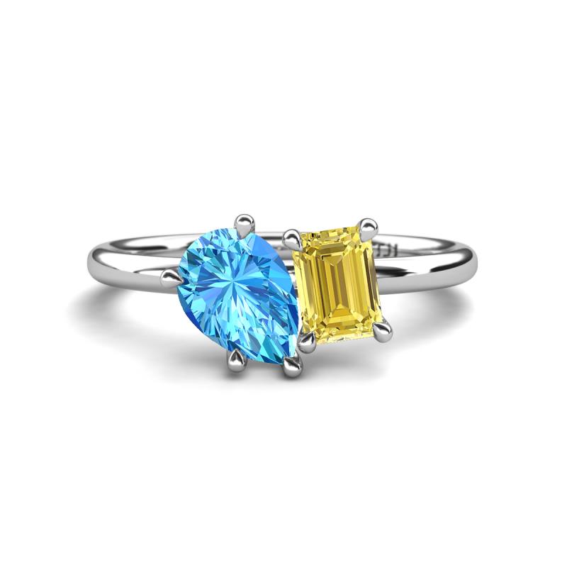Nadya Pear Shape Blue Topaz & Emerald Shape Yellow Sapphire 2 Stone Duo Ring 