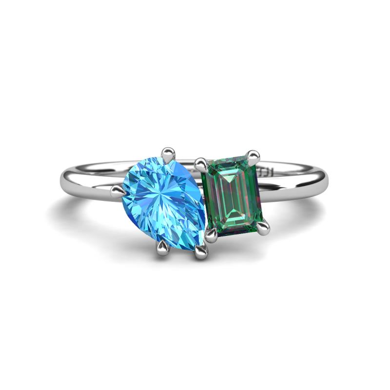 Nadya Pear Shape Blue Topaz & Emerald Shape Lab Created Alexandrite 2 Stone Duo Ring 