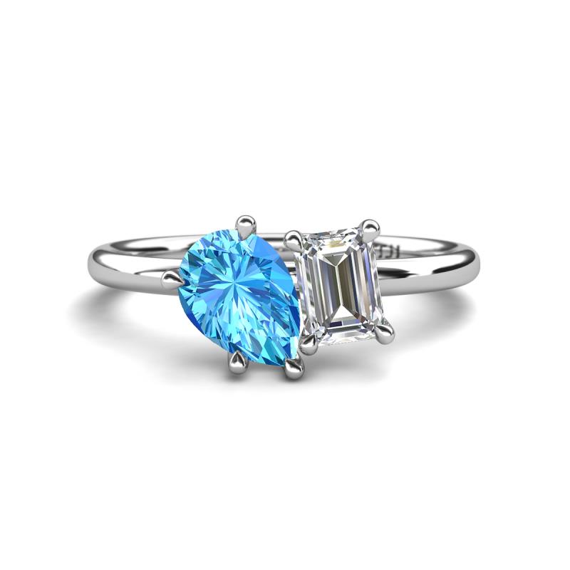 Nadya Pear Shape Blue Topaz & Emerald Shape Forever Brilliant Moissanite 2 Stone Duo Ring 