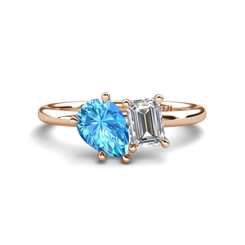 Nadya Pear Shape Blue Topaz & Emerald Shape Forever Brilliant Moissanite 2 Stone Duo Ring 