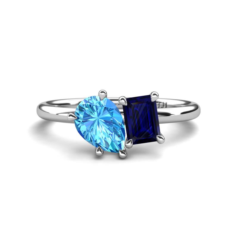 Nadya Pear Shape Blue Topaz & Emerald Shape Blue Sapphire 2 Stone Duo Ring 