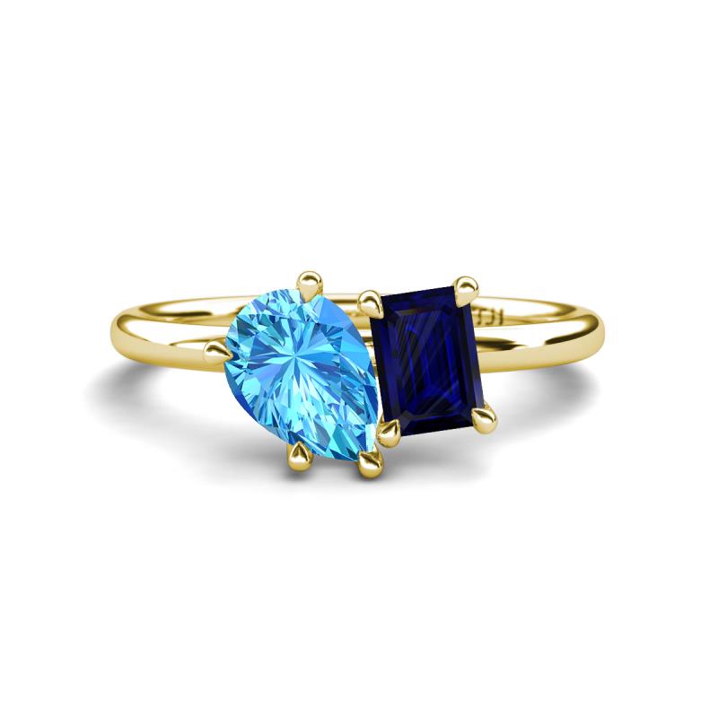 Nadya Pear Shape Blue Topaz & Emerald Shape Blue Sapphire 2 Stone Duo Ring 