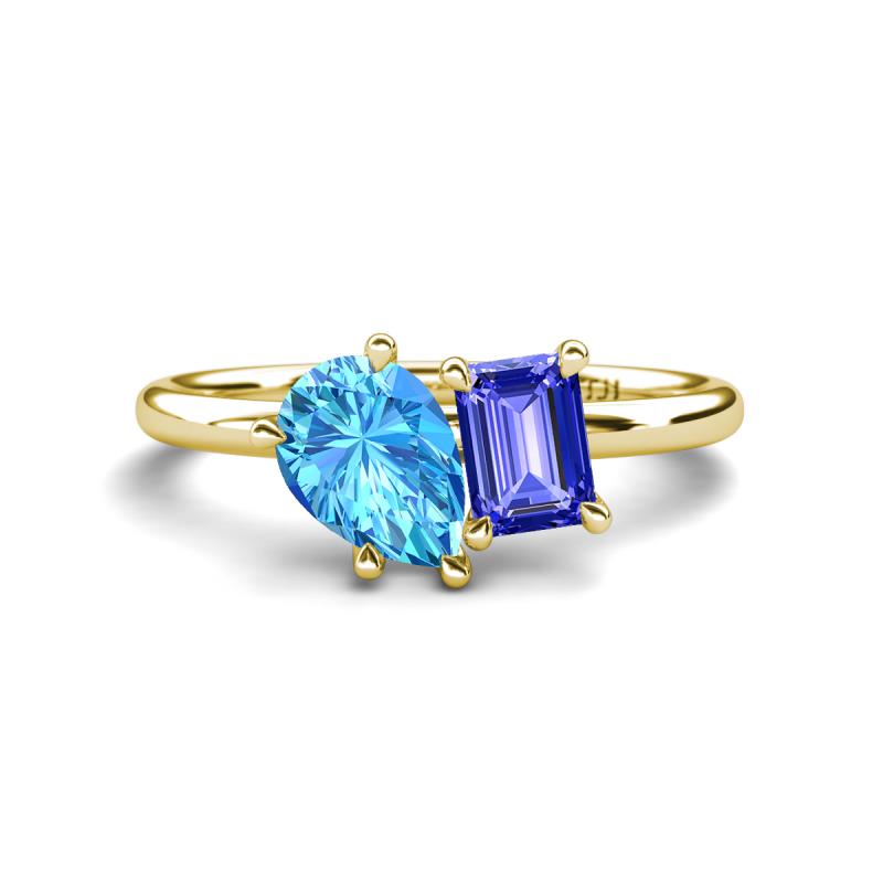 Nadya Pear Shape Blue Topaz & Emerald Shape Tanzanite 2 Stone Duo Ring 