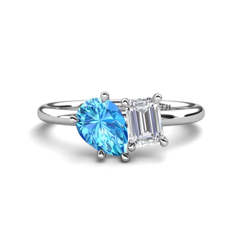 Nadya Pear Shape Blue Topaz & Emerald Shape White Sapphire 2 Stone Duo Ring 