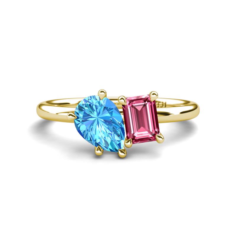 Nadya Pear Shape Blue Topaz & Emerald Shape Pink Tourmaline 2 Stone Duo Ring 