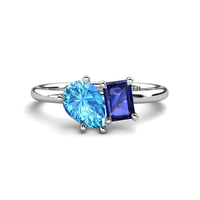 Nadya Pear Shape Blue Topaz & Emerald Shape Iolite 2 Stone Duo Ring 
