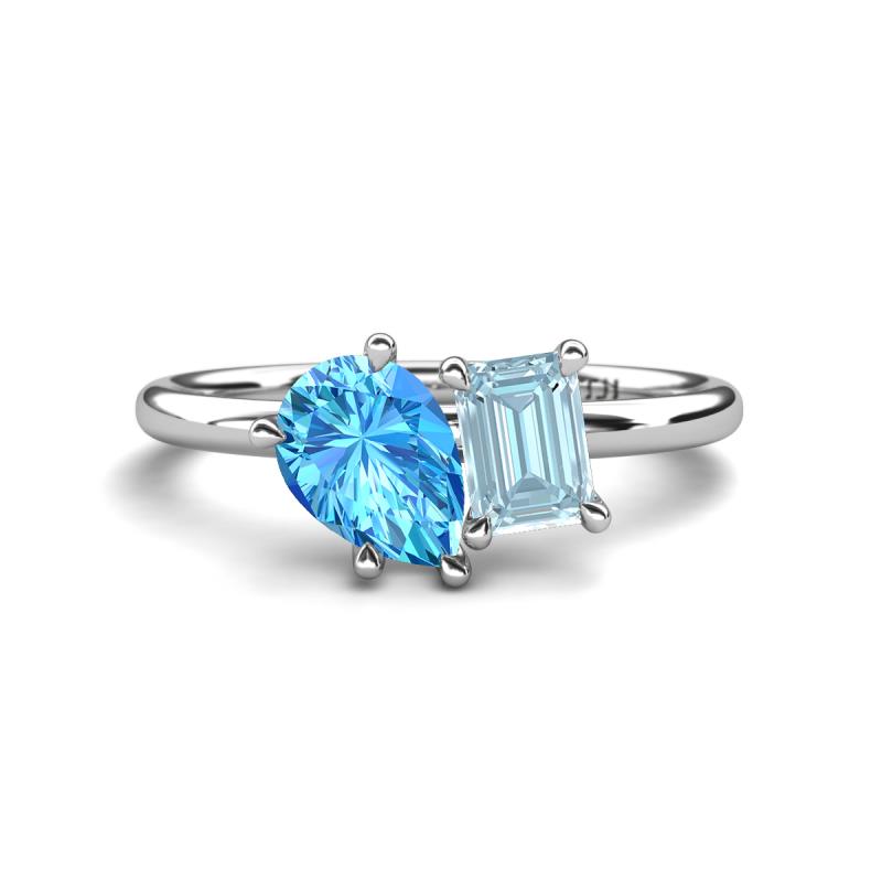 Nadya Pear Shape Blue Topaz & Emerald Shape Aquamarine 2 Stone Duo Ring 