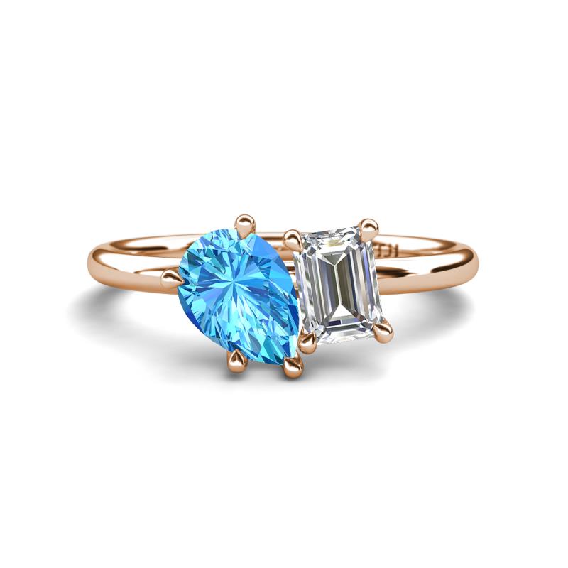 Nadya Pear Shape Blue Topaz & Emerald Shape GIA Certified Diamond 2 Stone Duo Ring 
