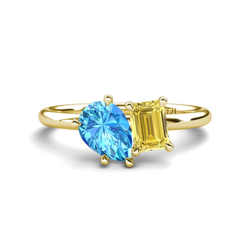 Nadya Pear Shape Blue Topaz & Emerald Shape Yellow Sapphire 2 Stone Duo Ring 