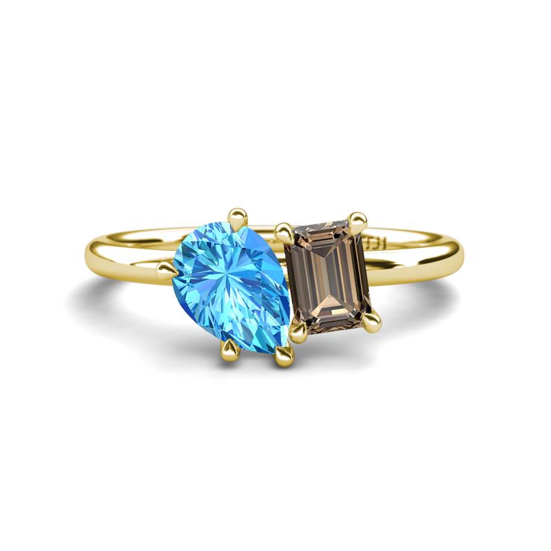 Nadya Pear Shape Blue Topaz & Emerald Shape Smoky Quartz 2 Stone Duo Ring 