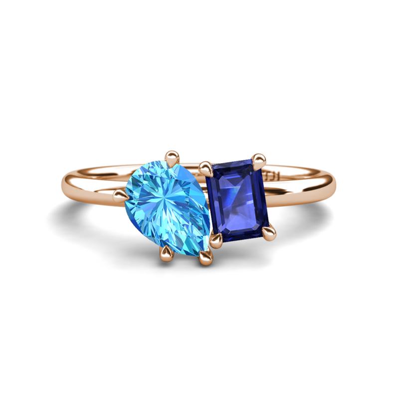 Nadya Pear Shape Blue Topaz & Emerald Shape Iolite 2 Stone Duo Ring 