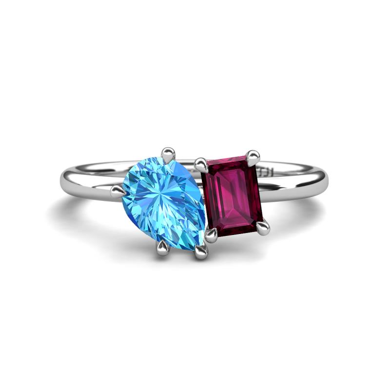 Nadya Pear Shape Blue Topaz & Emerald Shape Rhodolite Garnet 2 Stone Duo Ring 