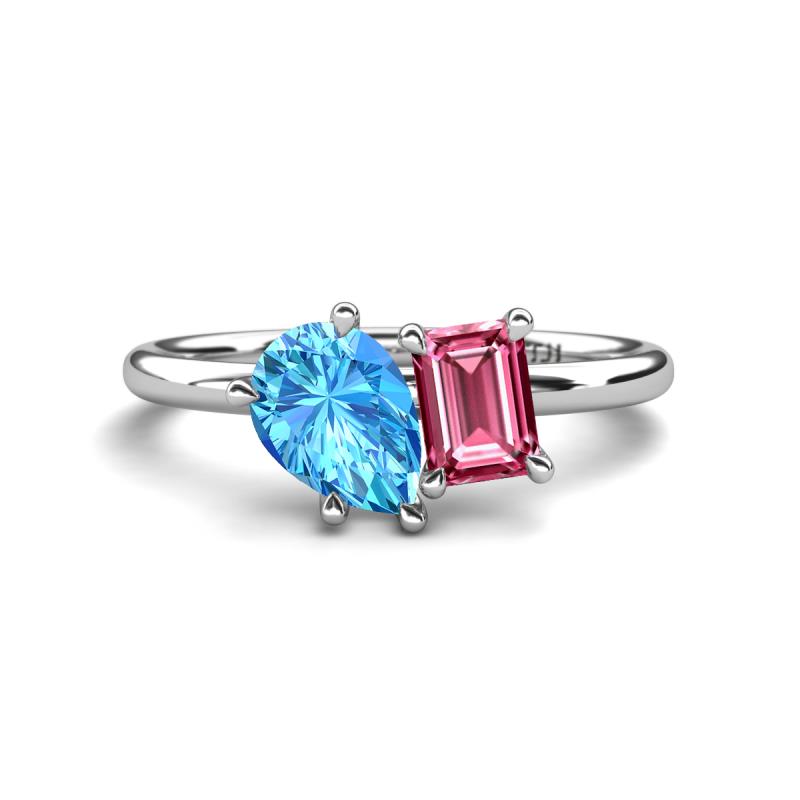 Nadya Pear Shape Blue Topaz & Emerald Shape Pink Tourmaline 2 Stone Duo Ring 